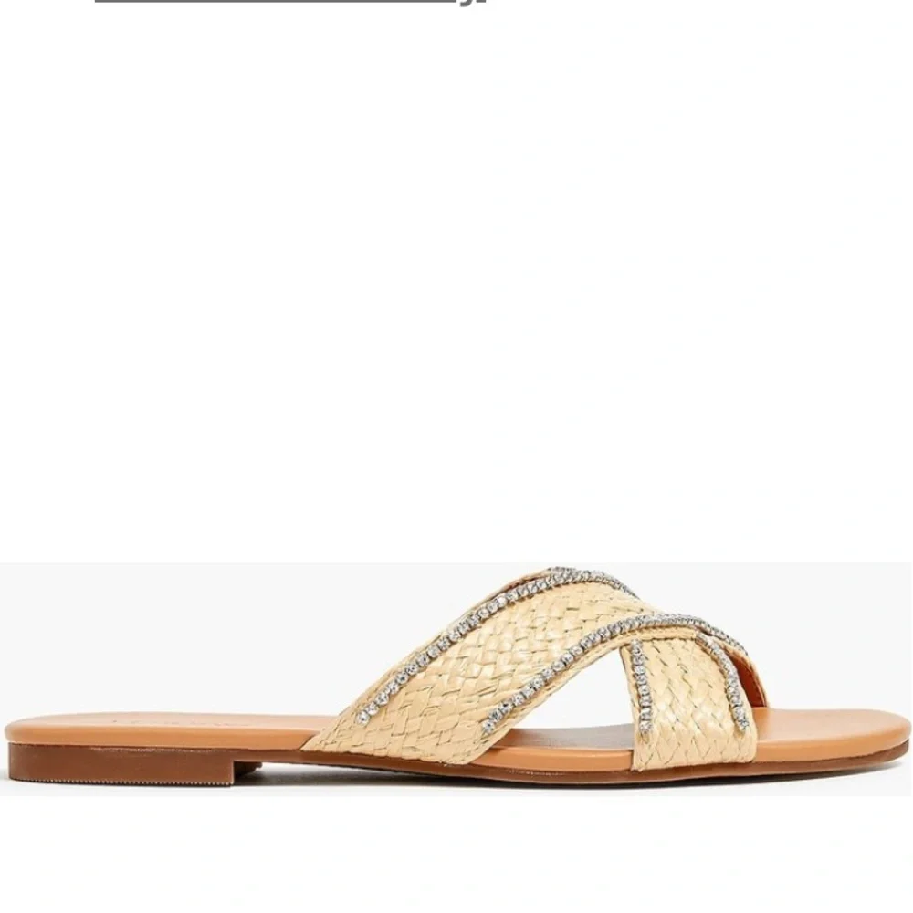 NIB J Crew Raffia Crisscross Slide Sandals With Rhinestone Lining
